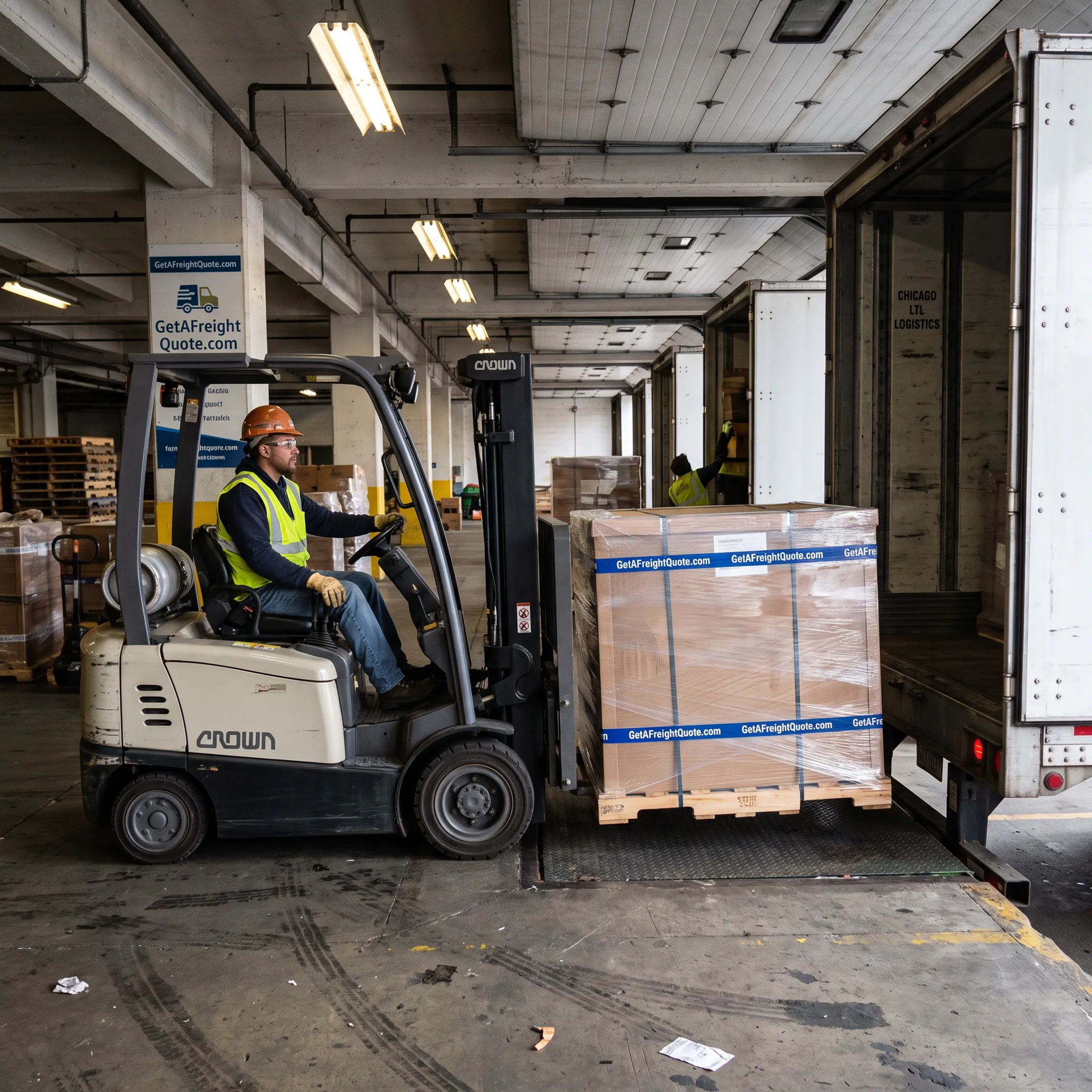 Forklift loading palletized freight onto an LTL trailer