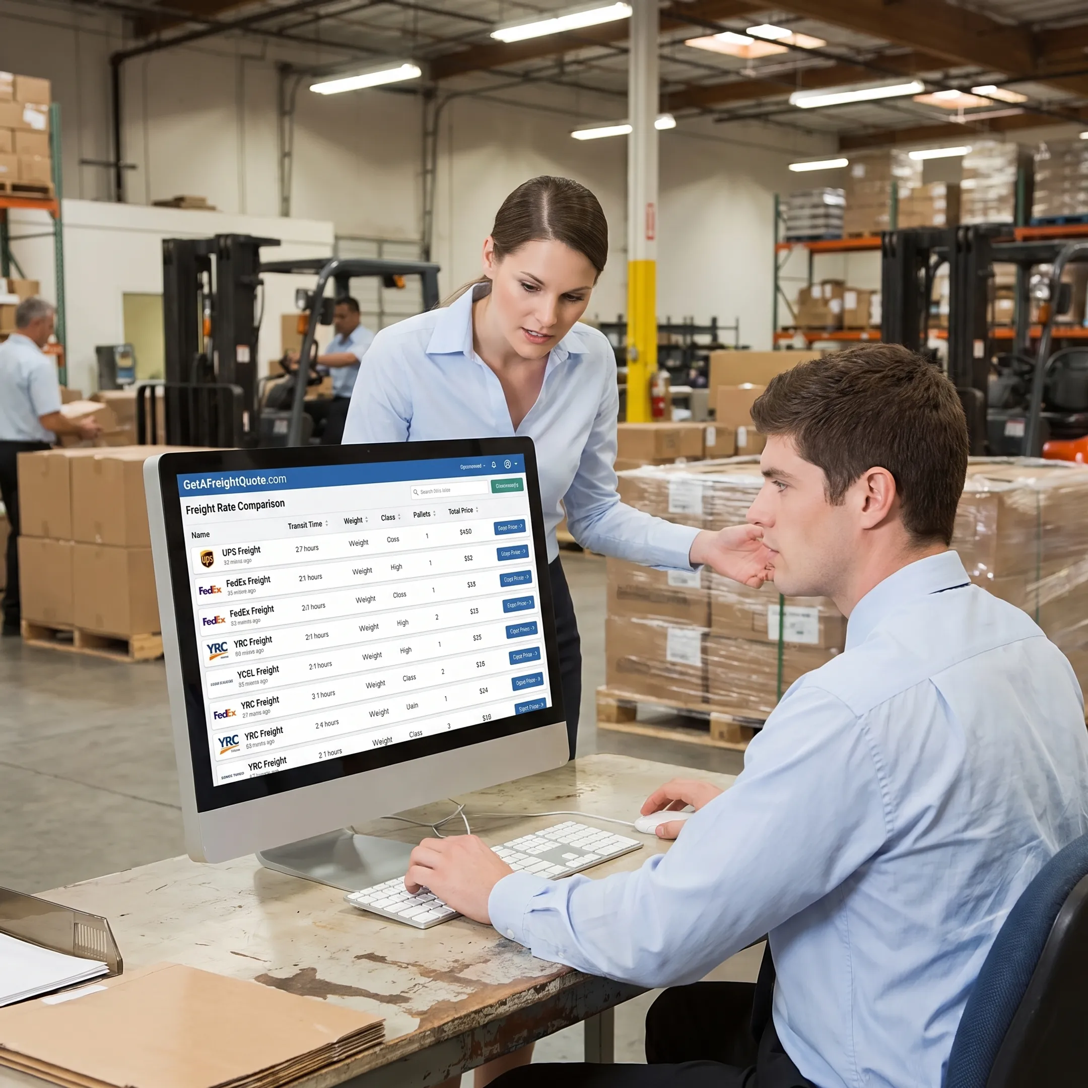 Business owner comparing freight shipping rates online