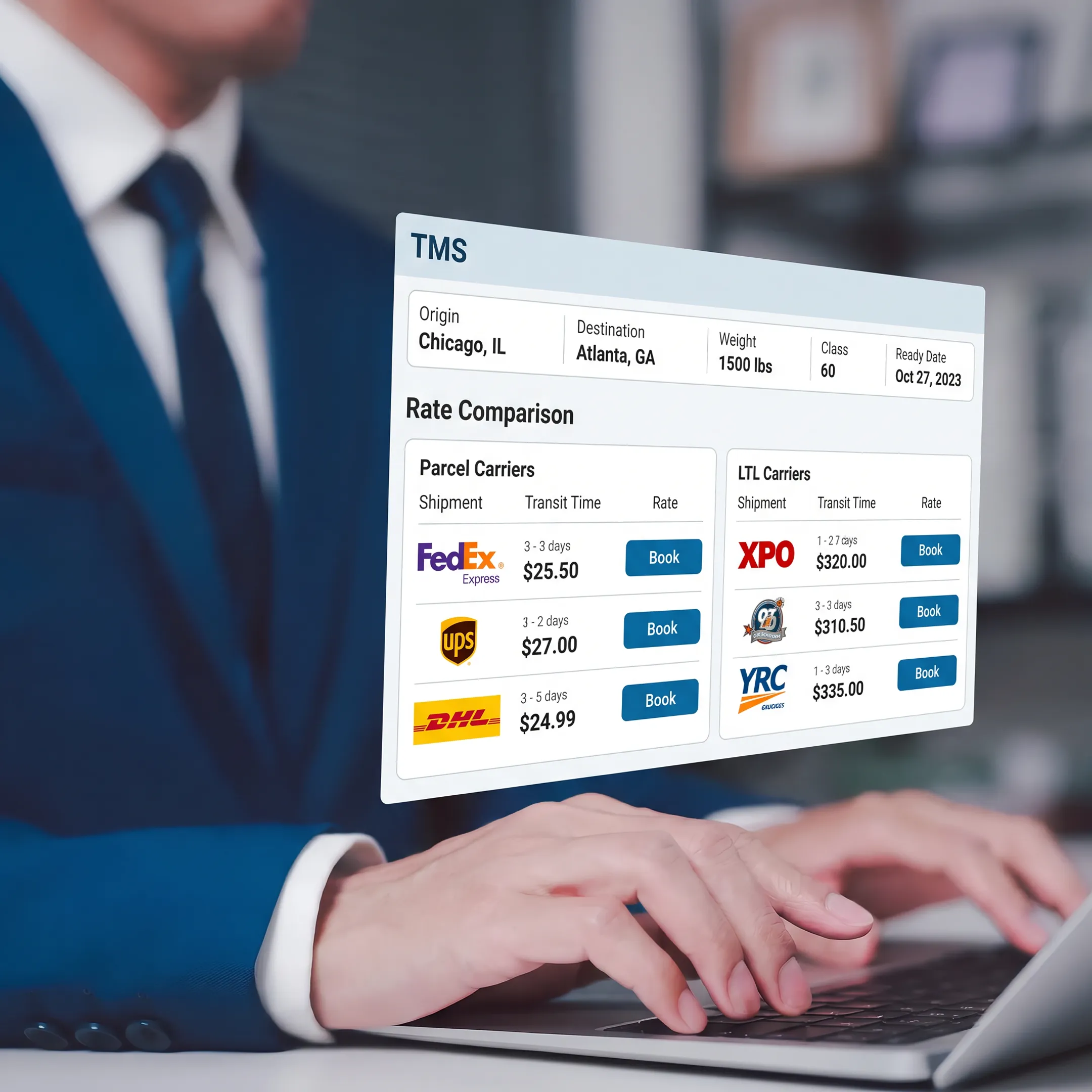 Shipping dashboard displaying carrier rates and transit options