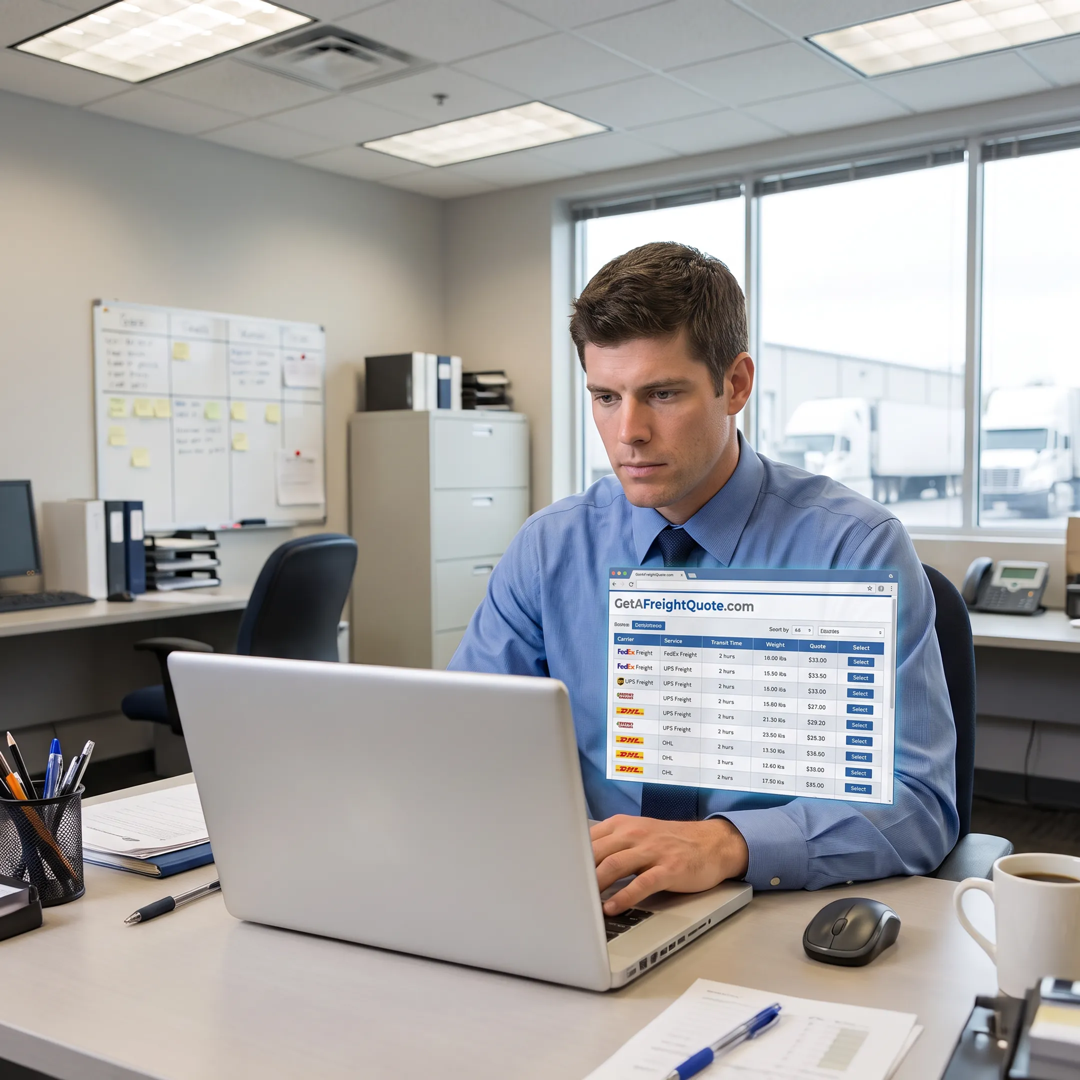 Business owner comparing freight shipping rates on a laptop
