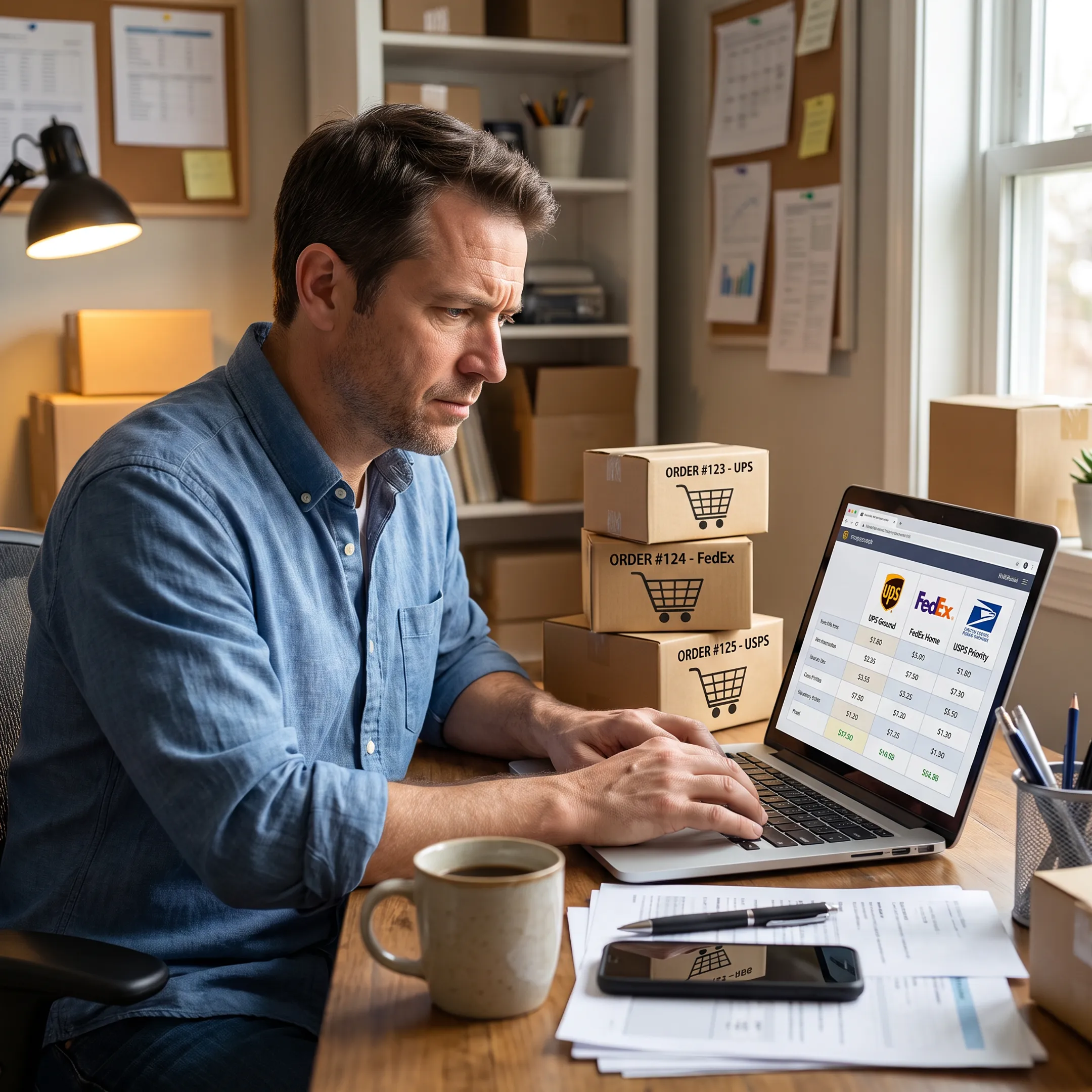 Small business owner comparing package shipping rates