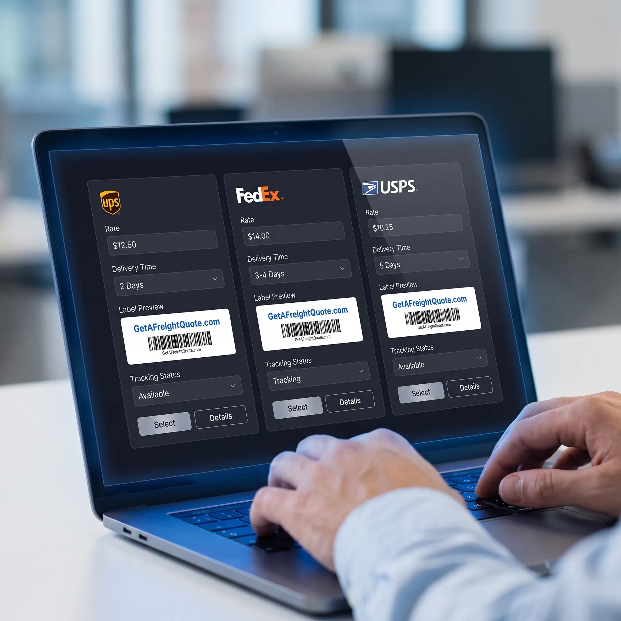 Shipping dashboard showing carrier rate comparisons