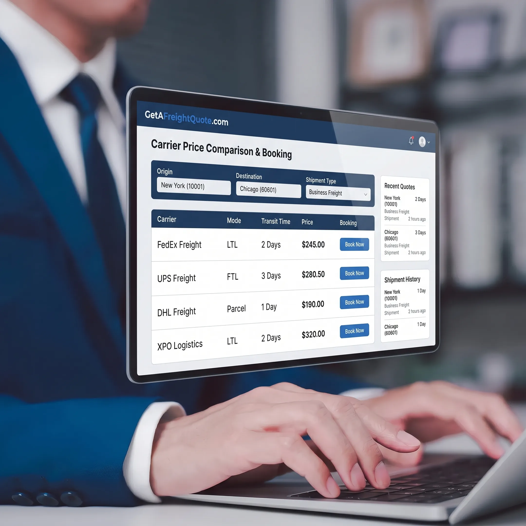 Freight rate comparison dashboard with carrier options