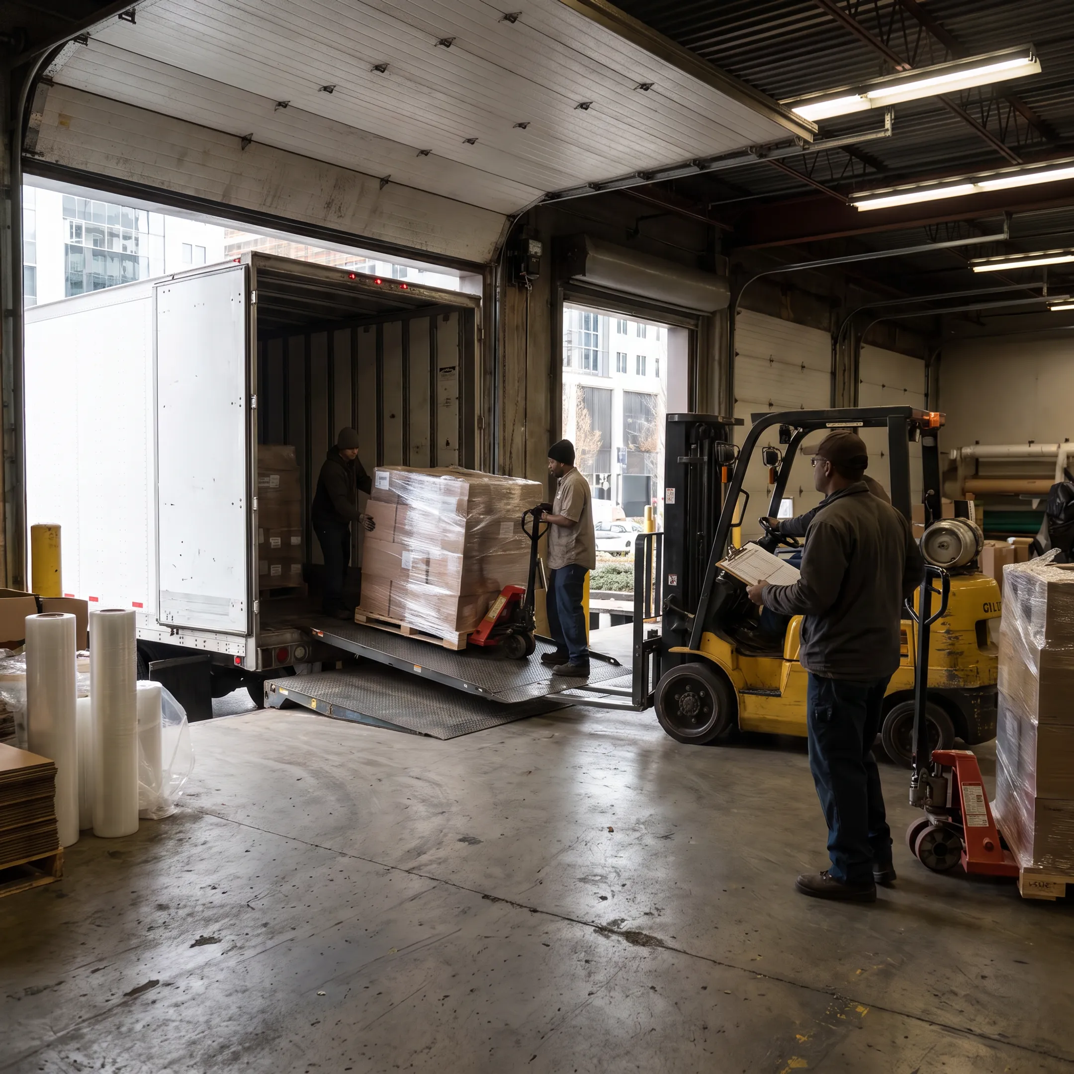 Freight pallets being loaded onto a truck