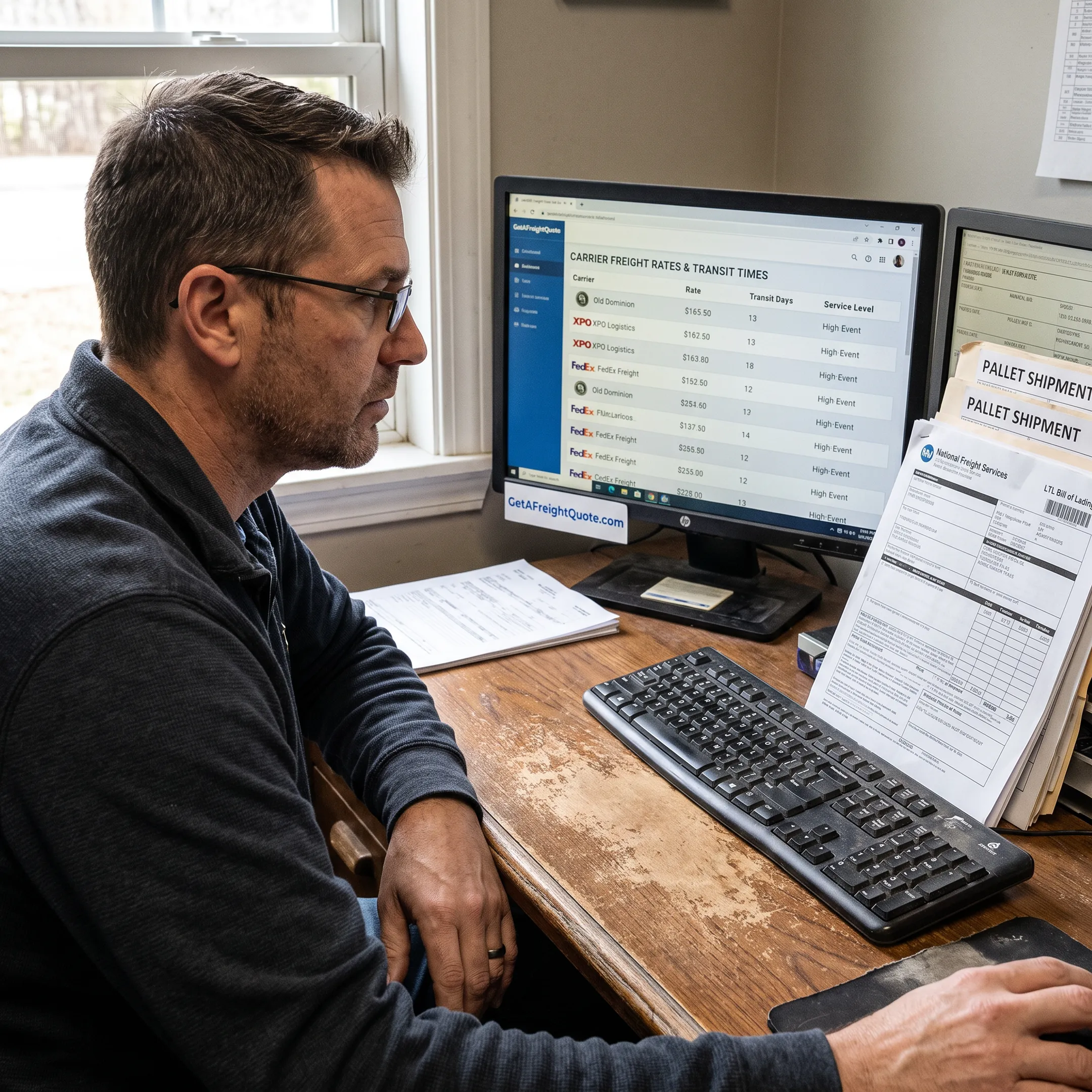 Business owner comparing freight shipping rates online