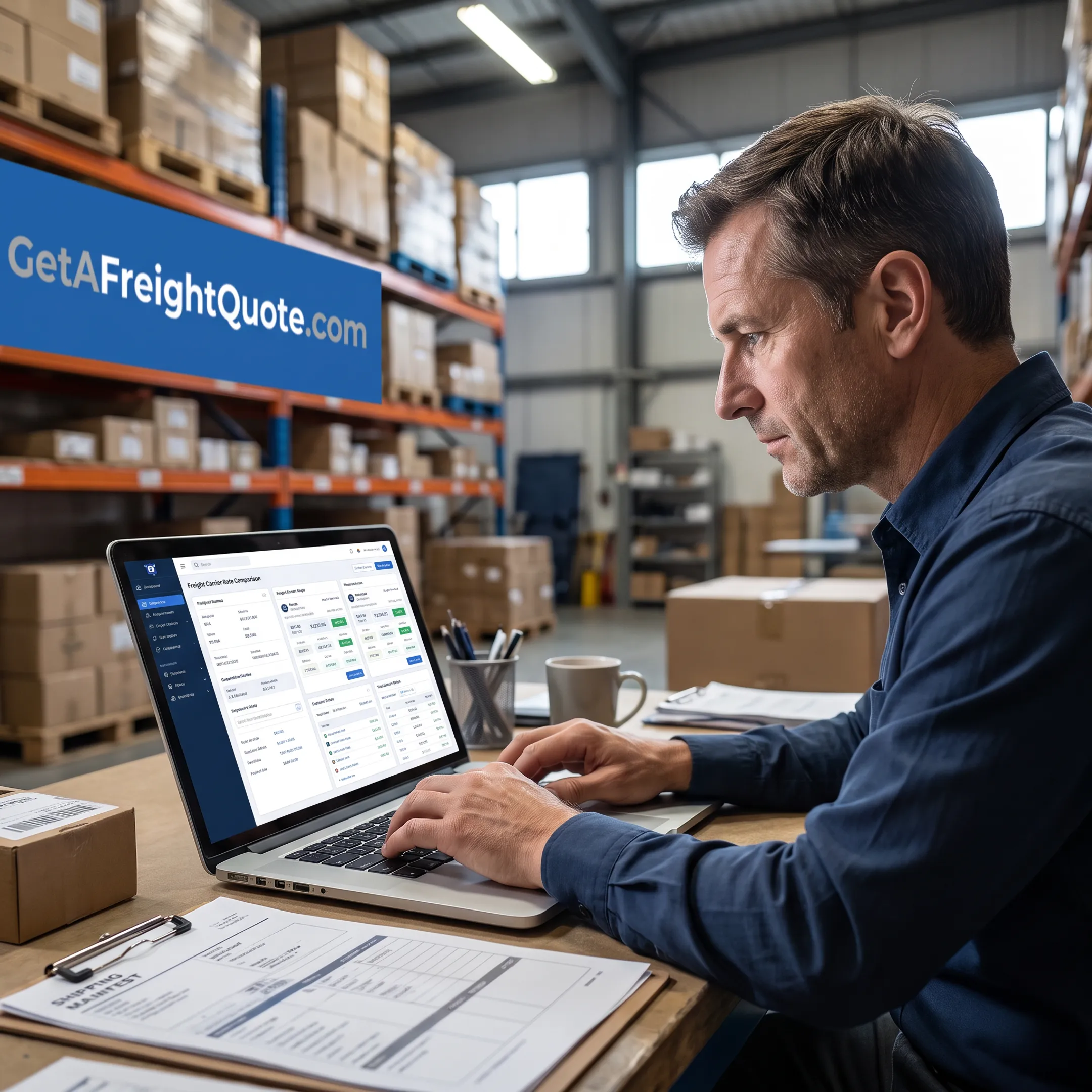 Logistics manager reviewing freight rates on a laptop