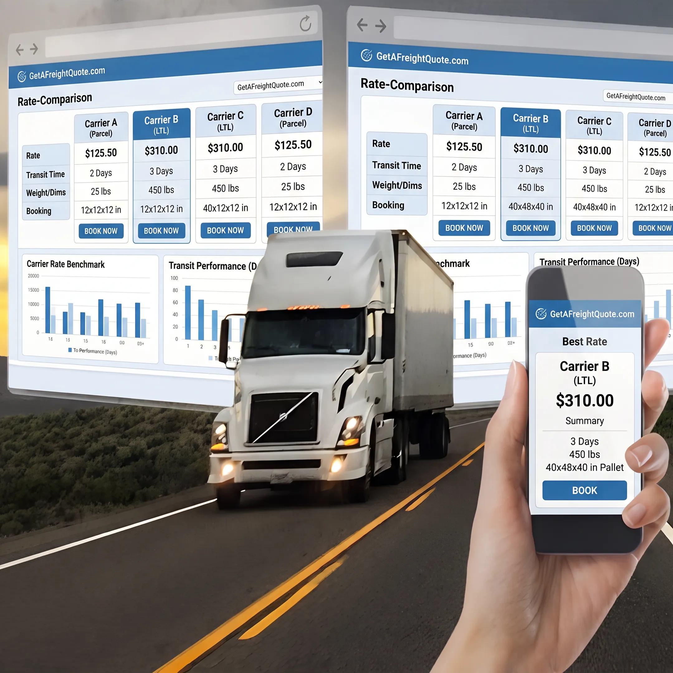 Shipping dashboard showing carrier rate comparisons