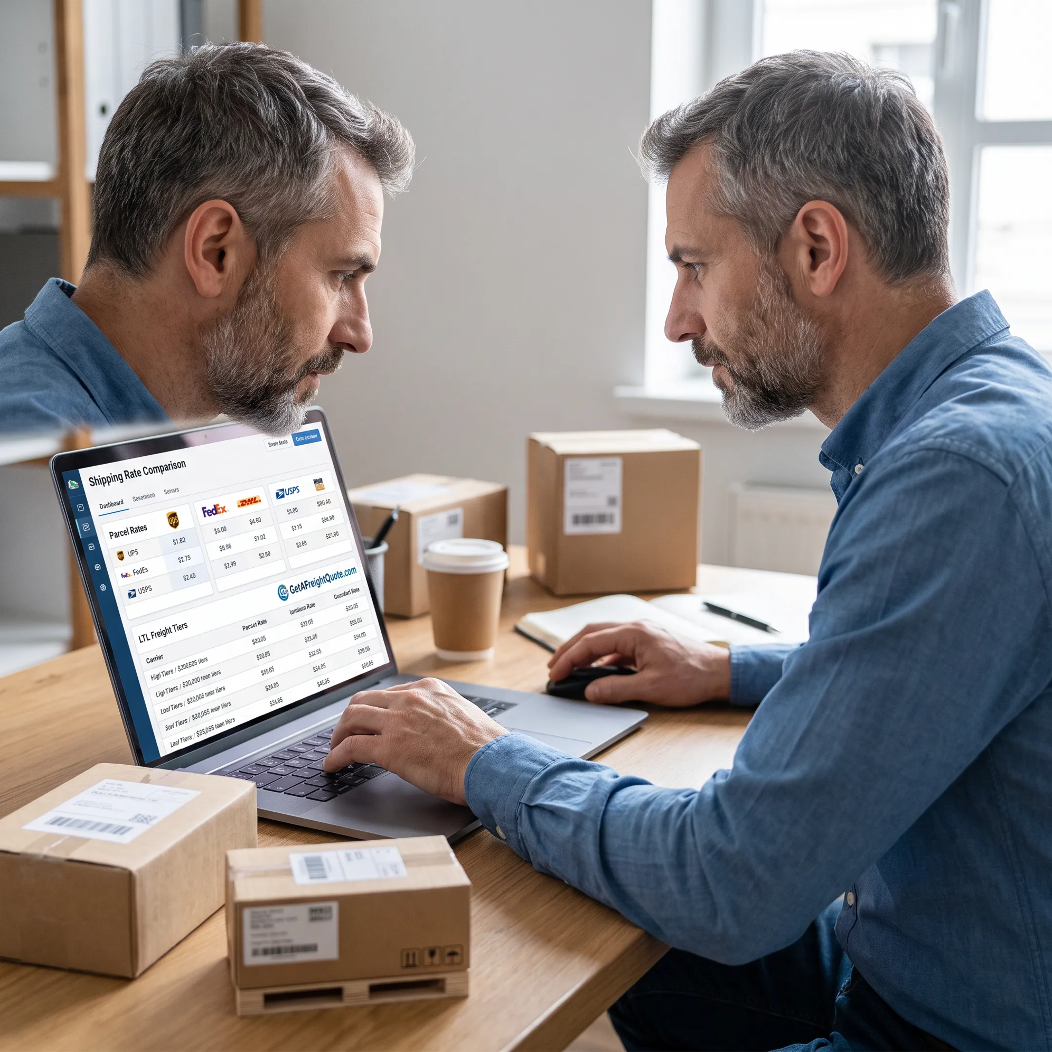Business owner comparing shipping rates on a laptop
