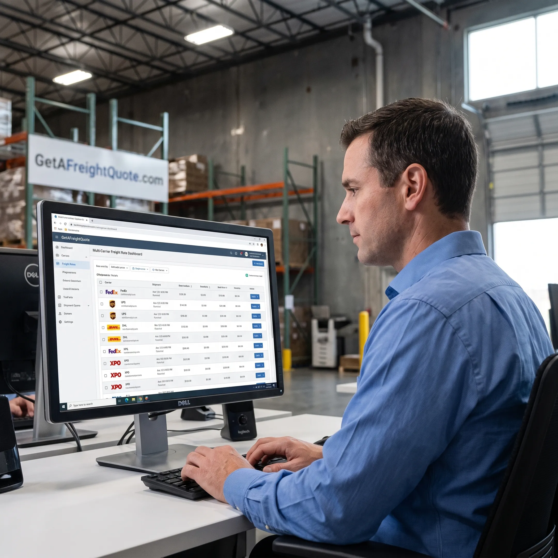 Logistics manager comparing freight carrier rates on a computer