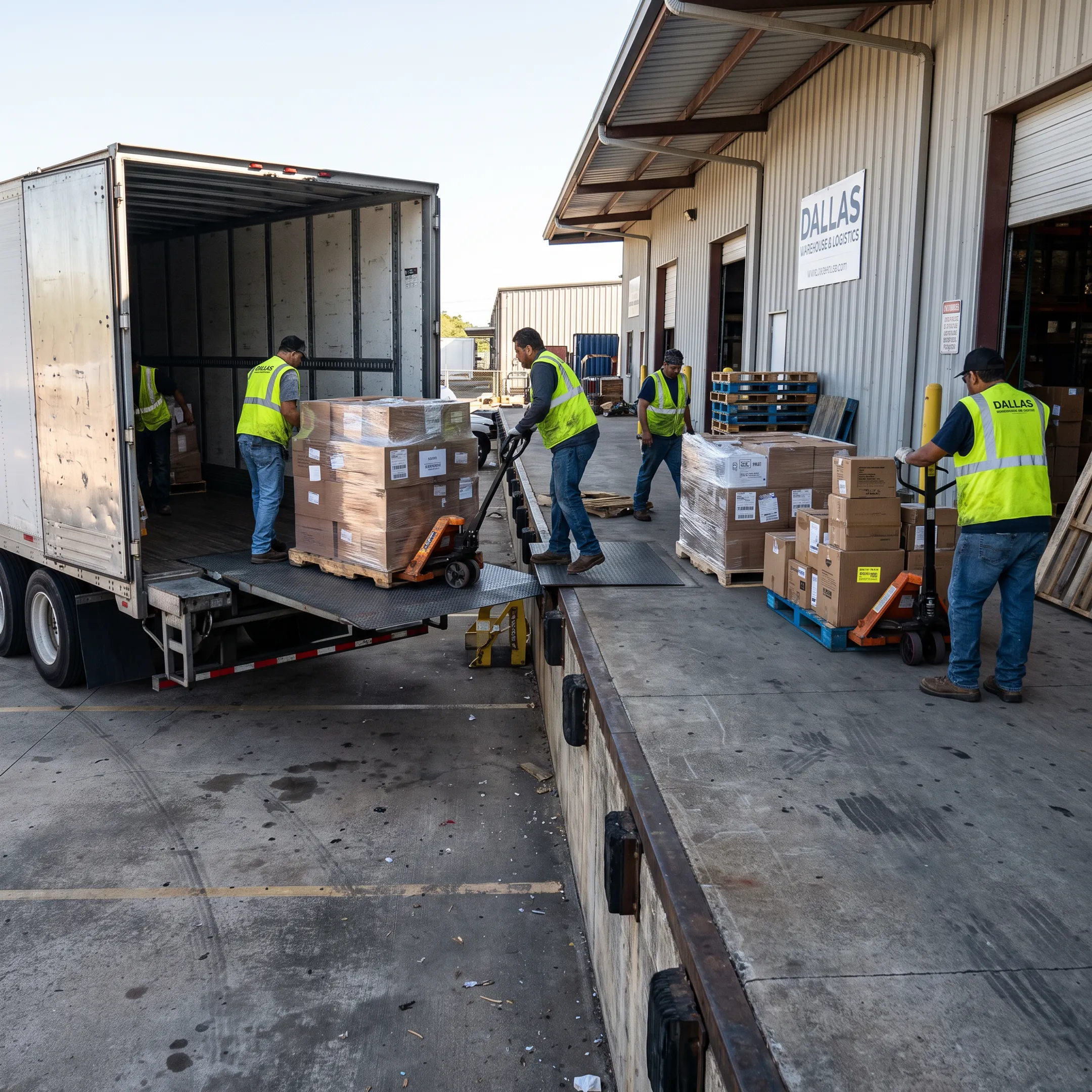 Freight truck loading palletized shipments at a Dallas warehouse