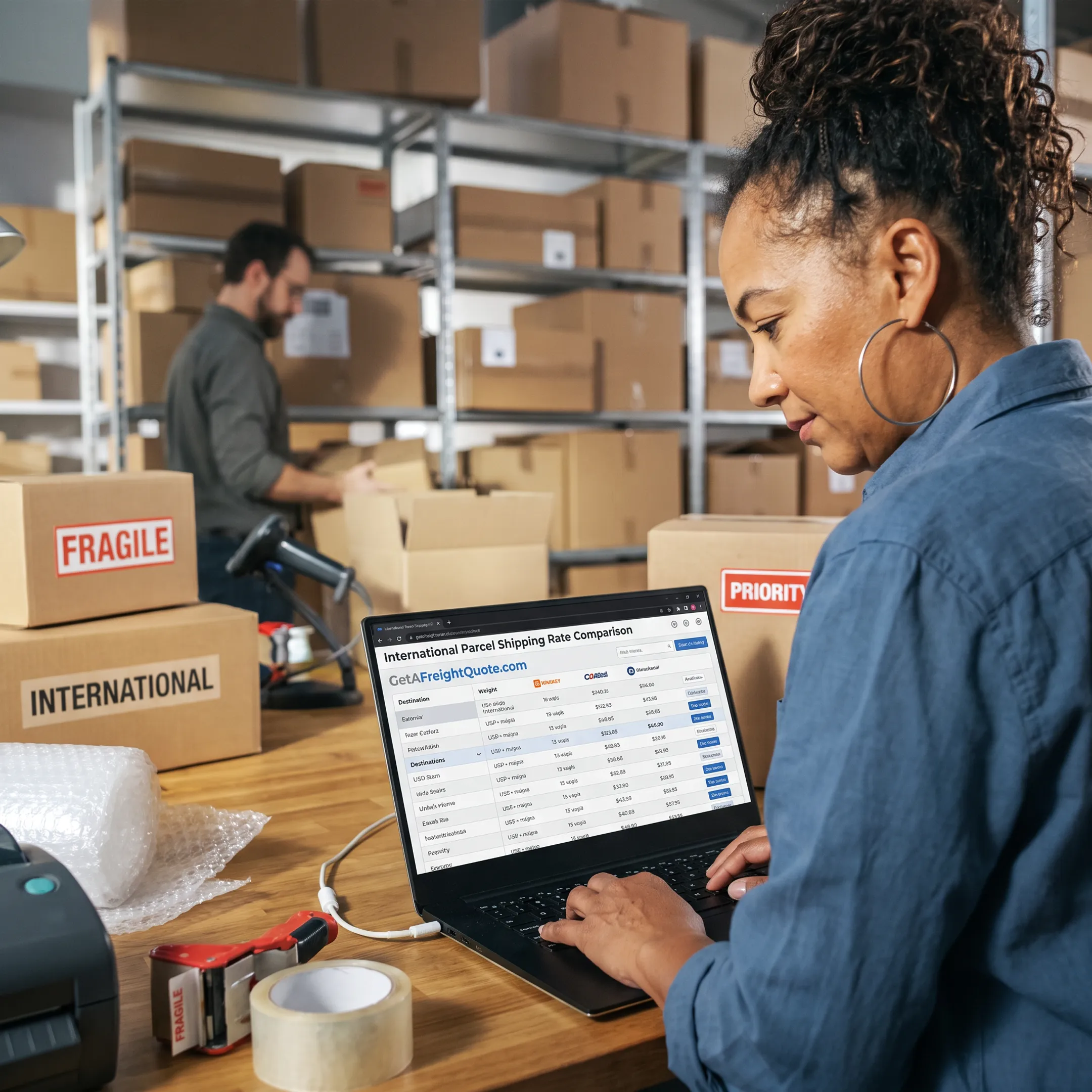 Small business owner preparing international parcel shipments