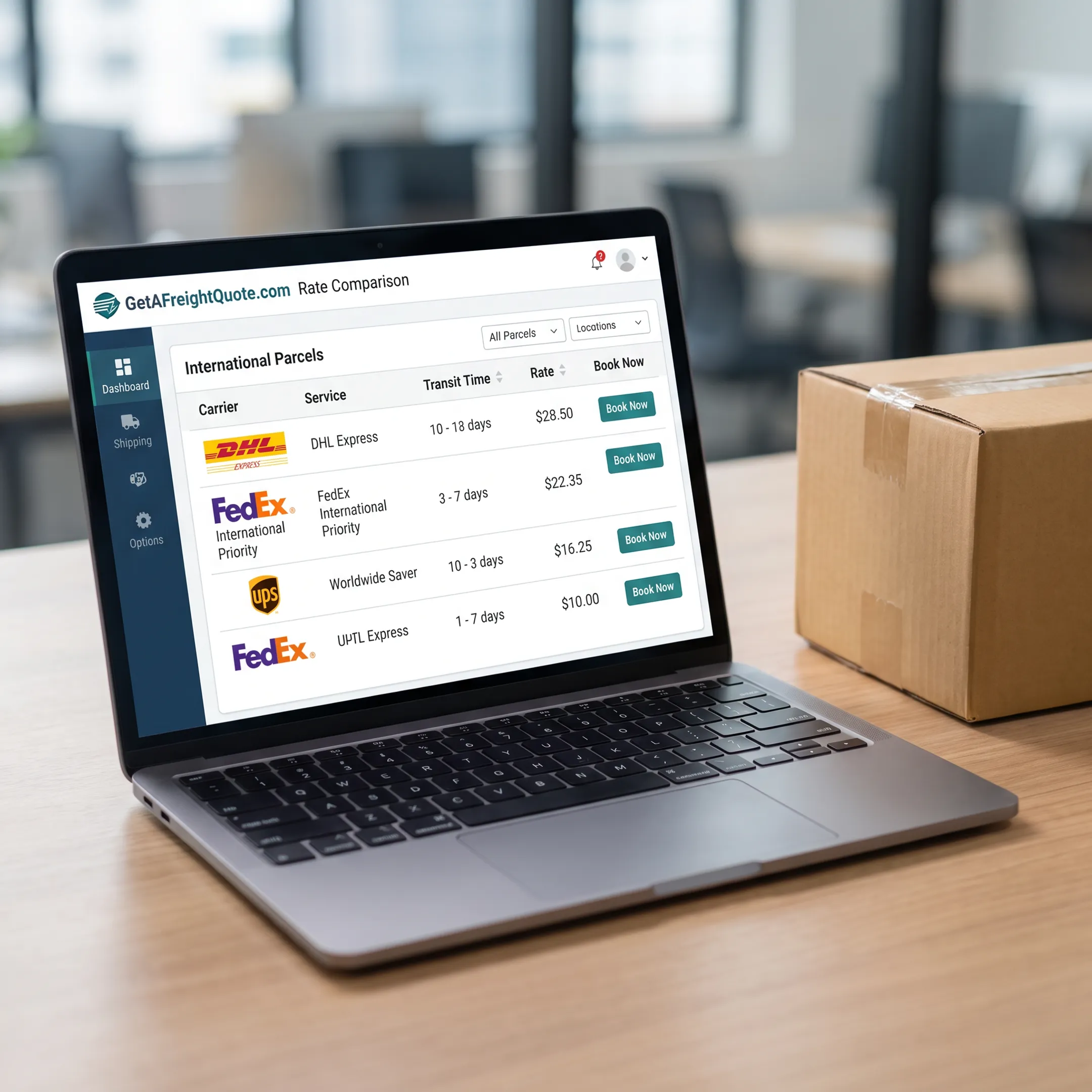 Dashboard comparing international parcel carrier rates