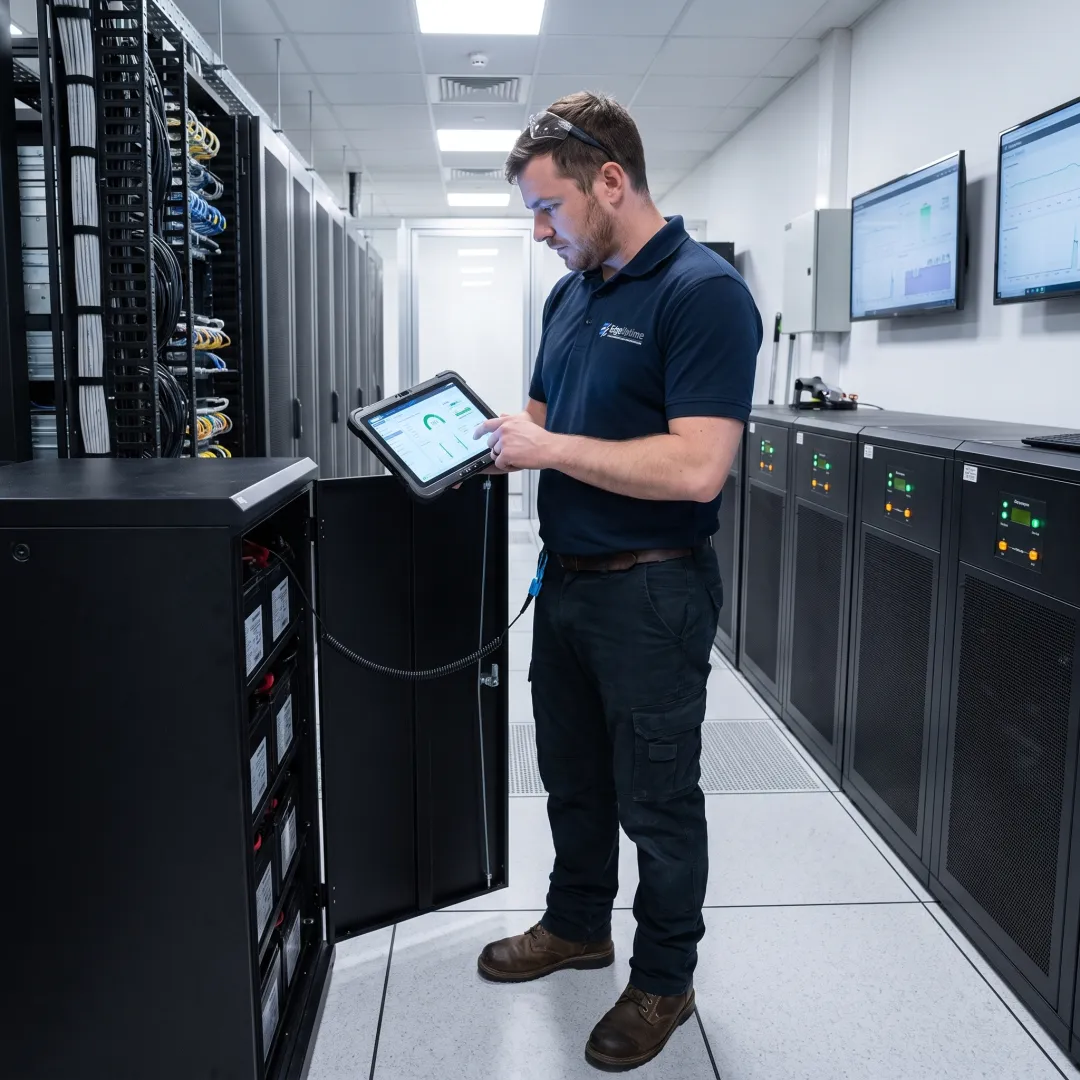 Data center engineer reviewing UPS power health