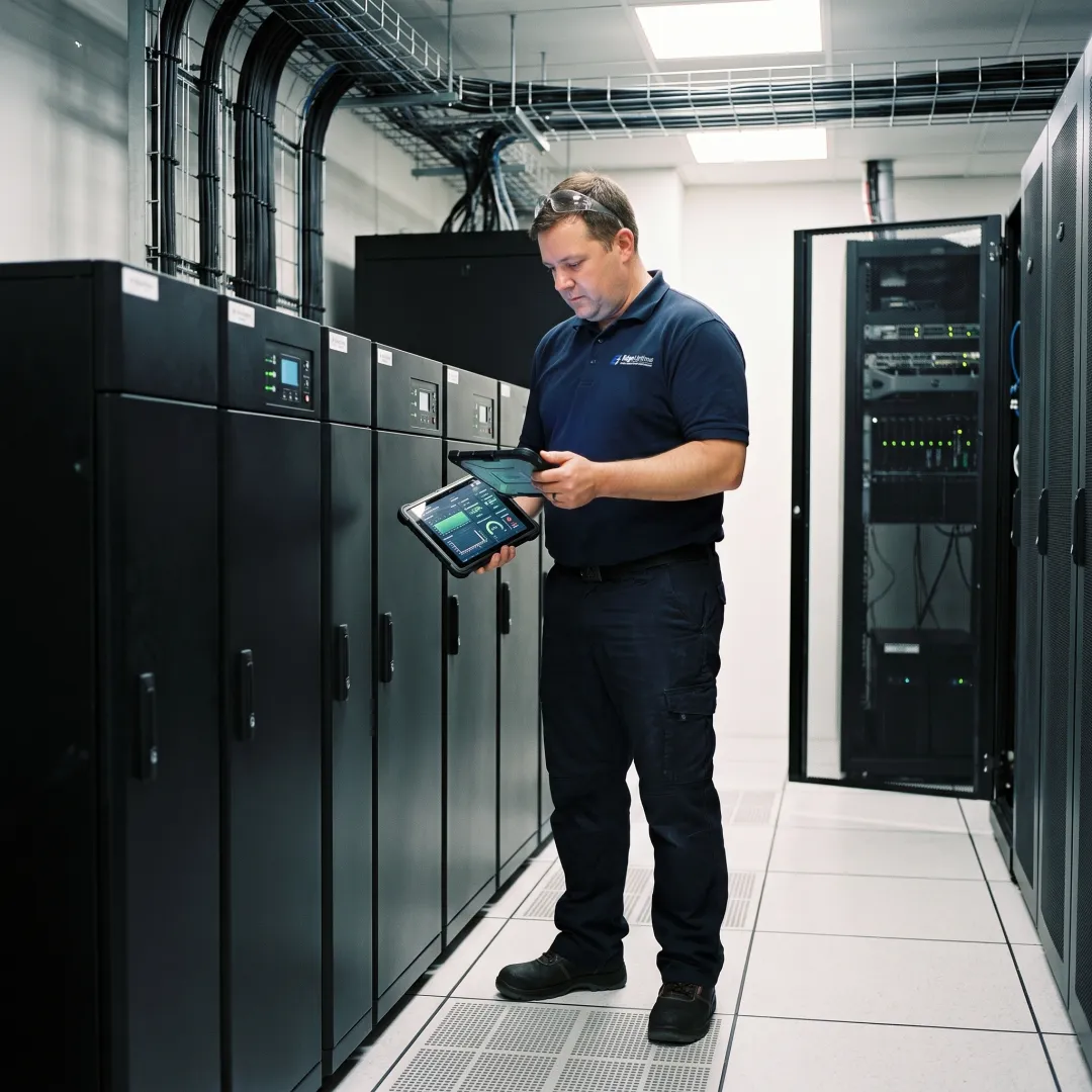 Data center engineer reviewing UPS monitoring data
