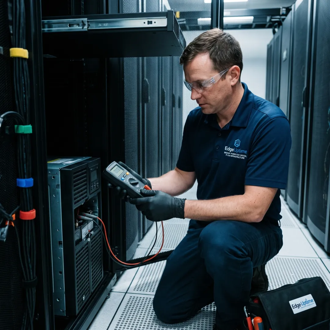 Technician testing UPS battery runtime