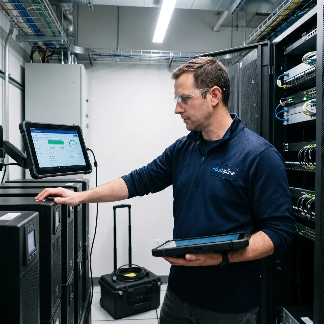 Commercial UPS equipment monitored in a building electrical room
