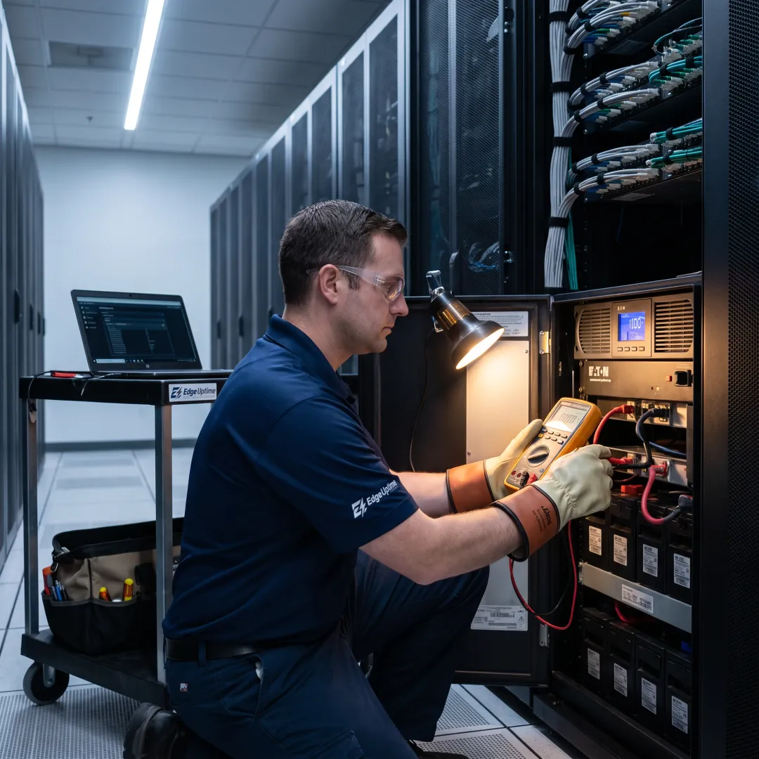 Technician testing a UPS battery system