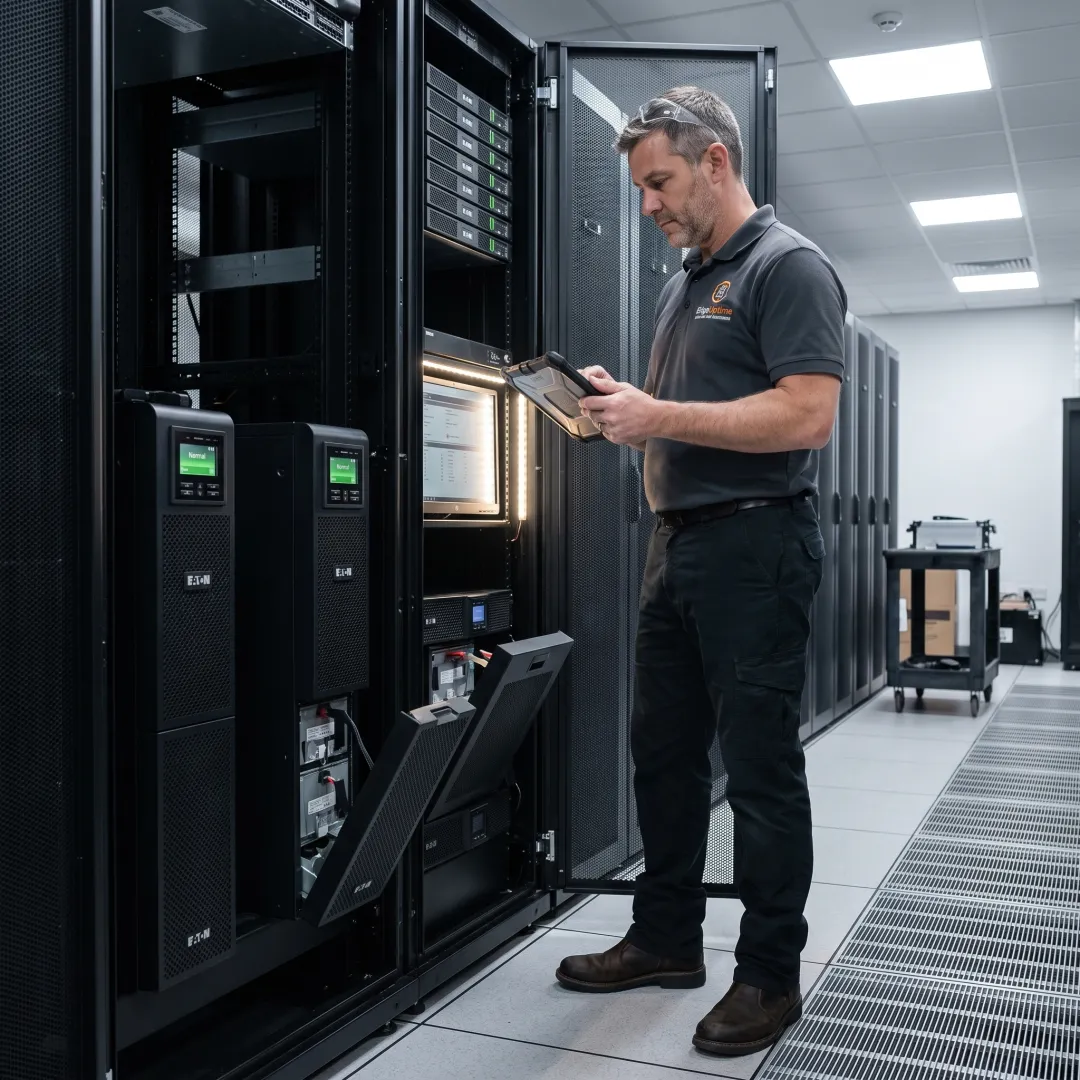 UPS technician reviewing power health data