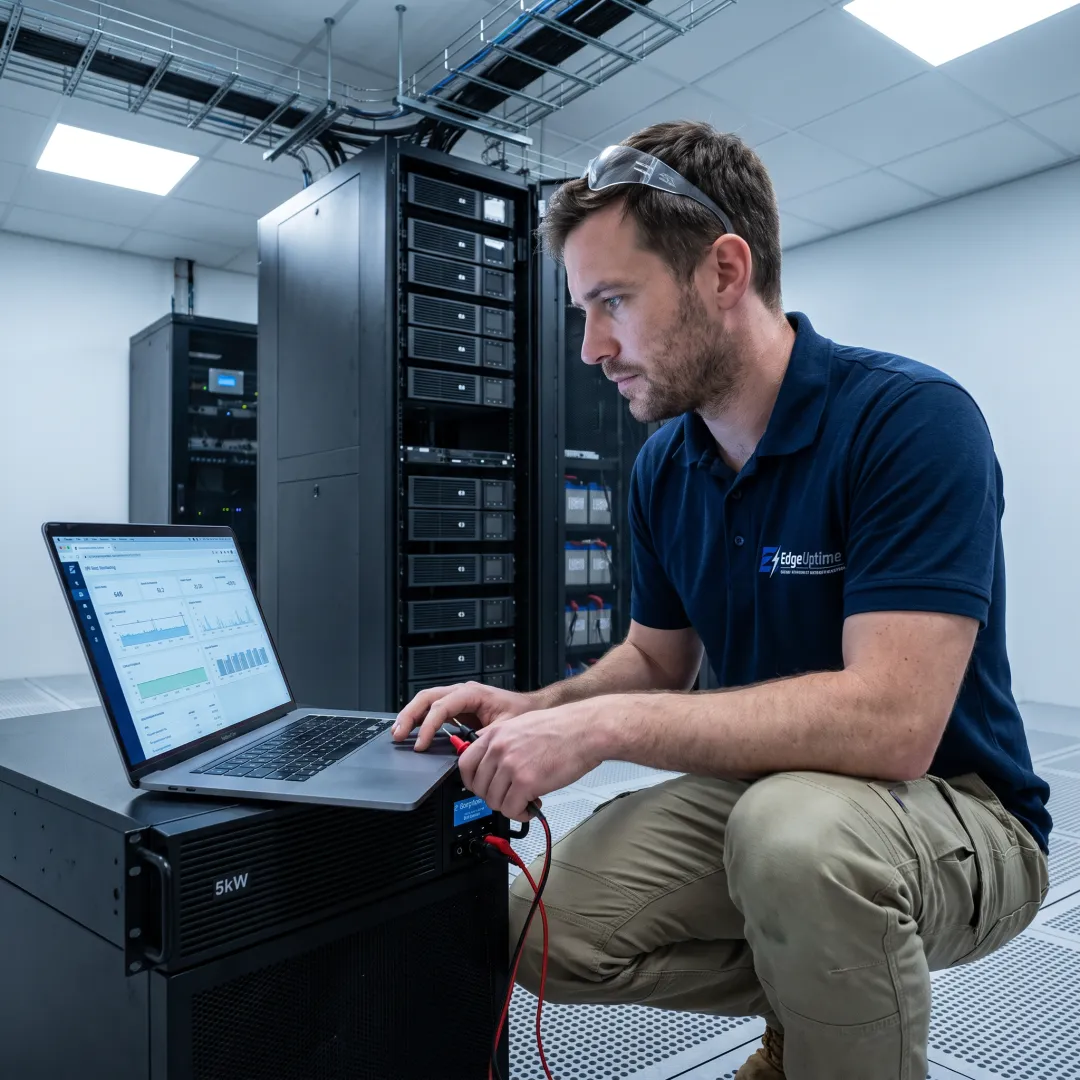 UPS technician reviewing power load data