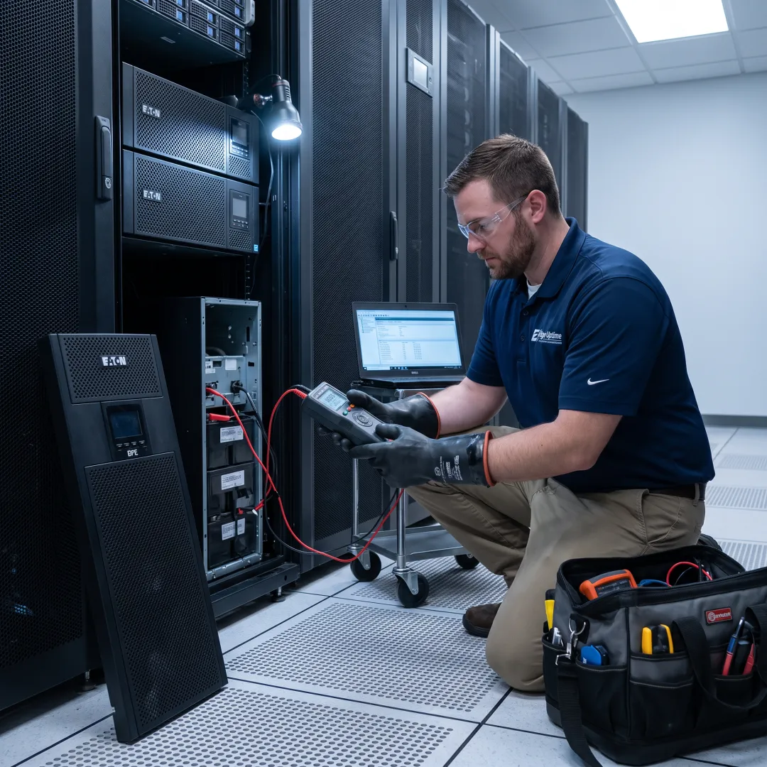 Technician testing UPS batteries in an IT room