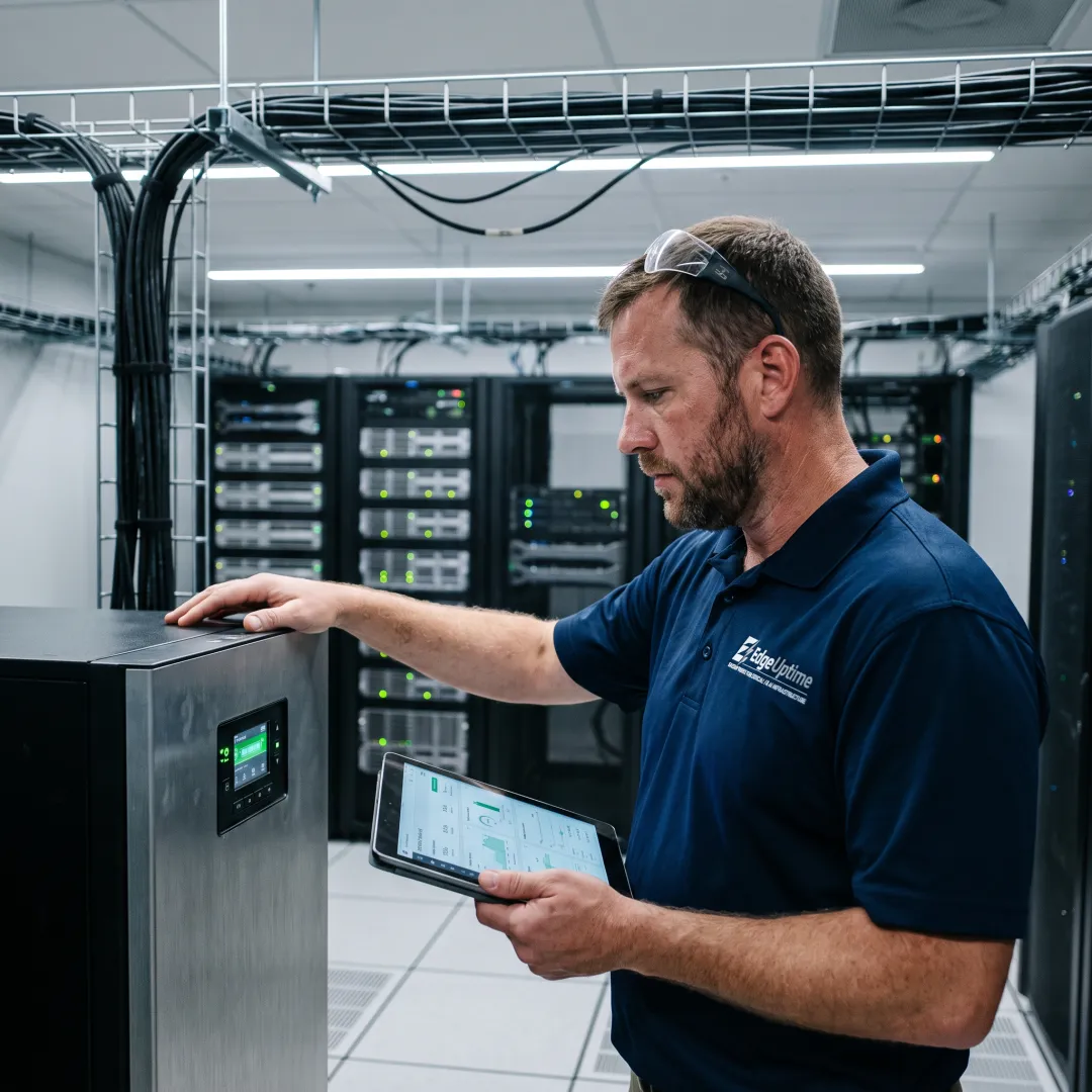 UPS technician reviewing power infrastructure health