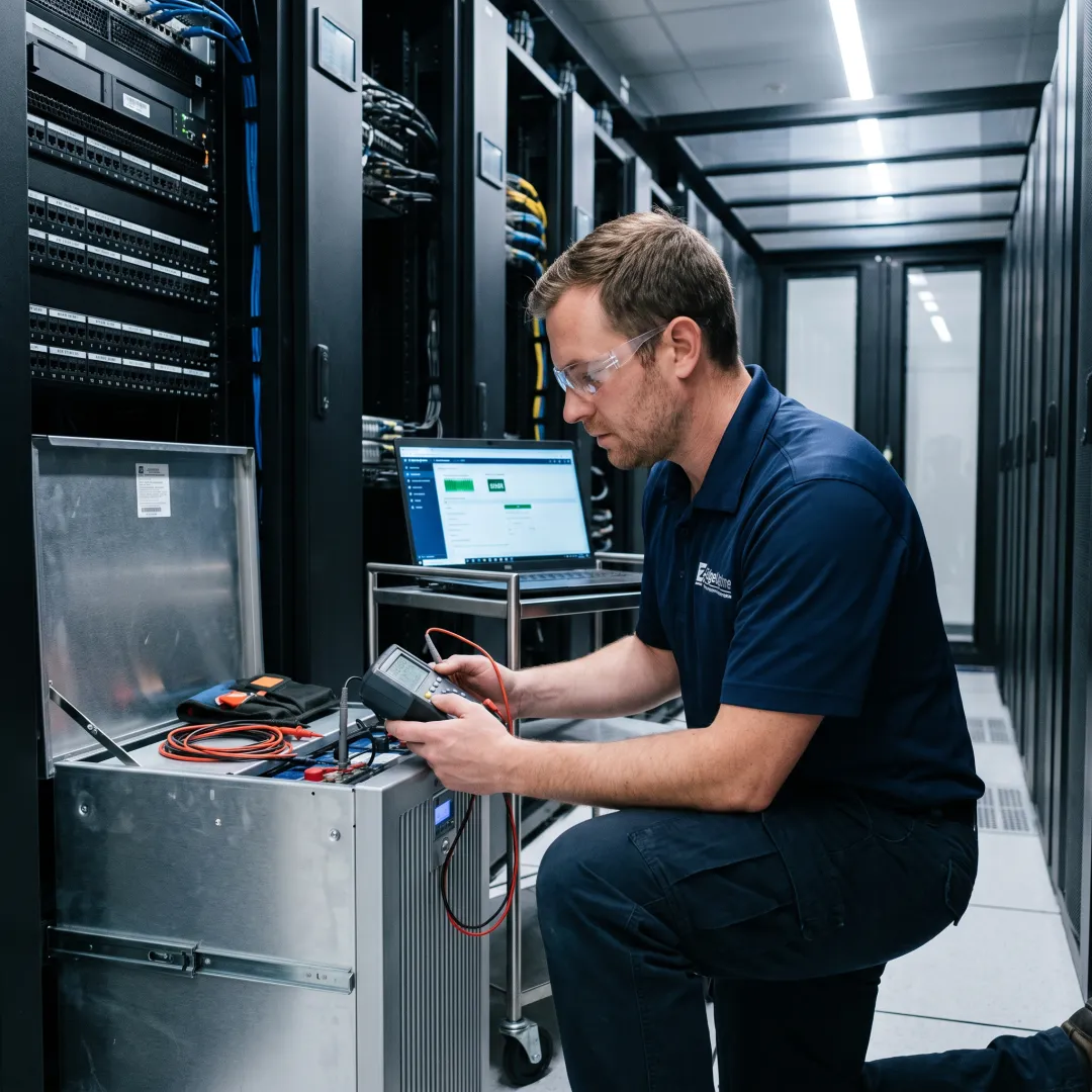 Technician testing UPS battery performance