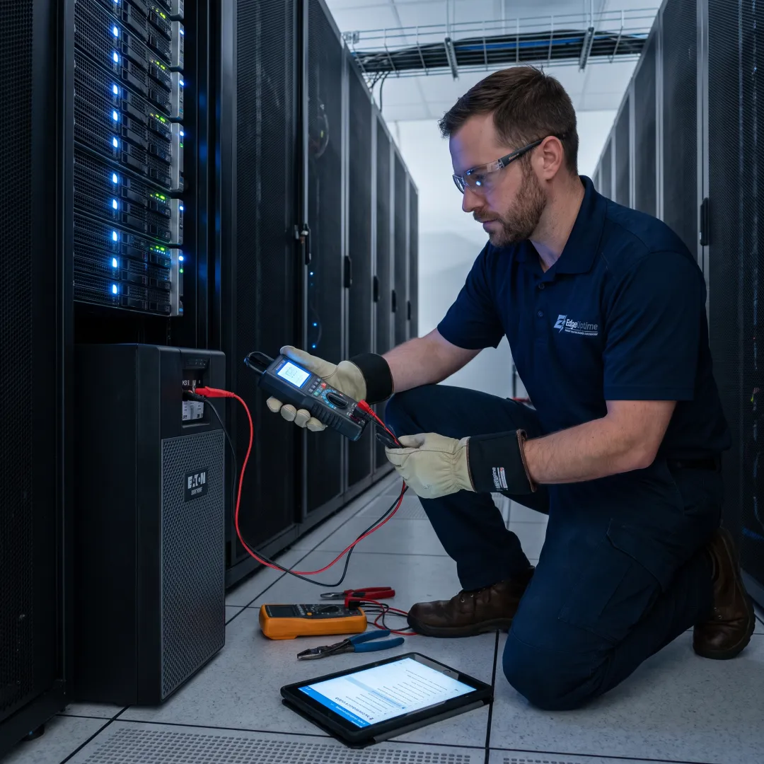 Technician testing UPS batteries in a data center