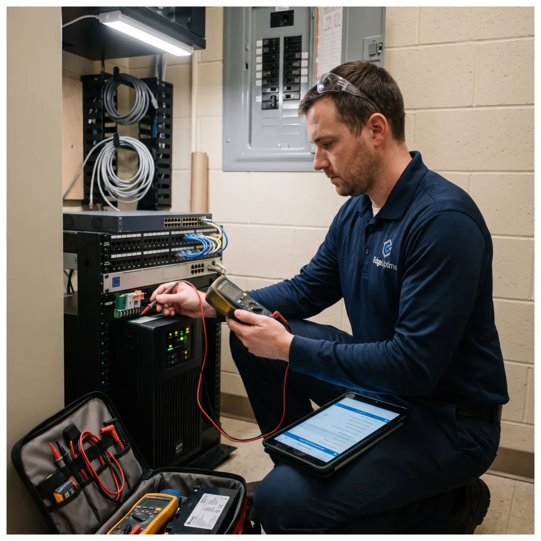 Technician testing backup power equipment at a retail location