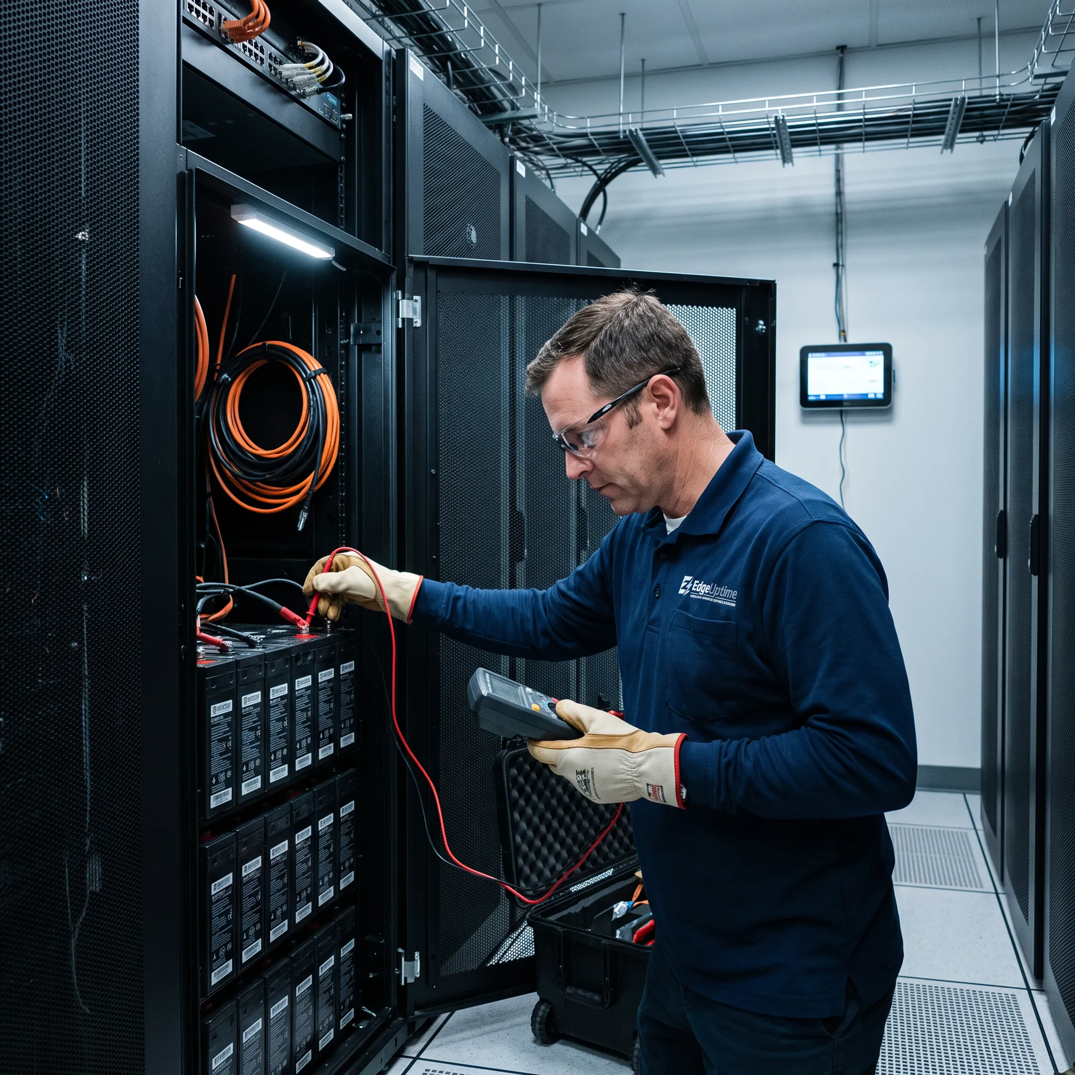 UPS technician inspecting backup power equipment