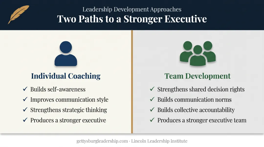 Individual executive coaching versus team development key differences comparison