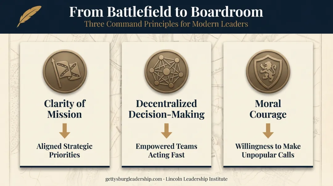 Three Gettysburg battlefield leadership principles mapped to executive decision-making