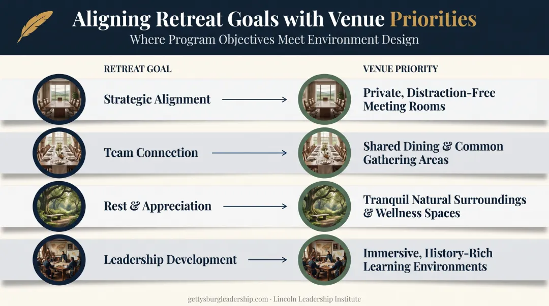 Venue selection matrix matching retreat goals to ideal venue types