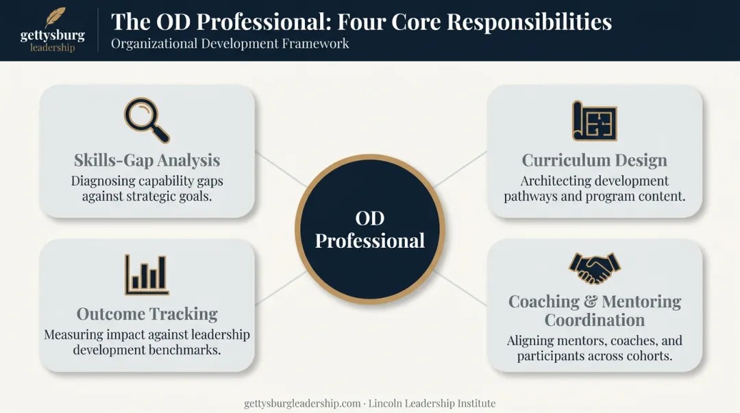 Four core responsibilities of organizational development professional infographic chart