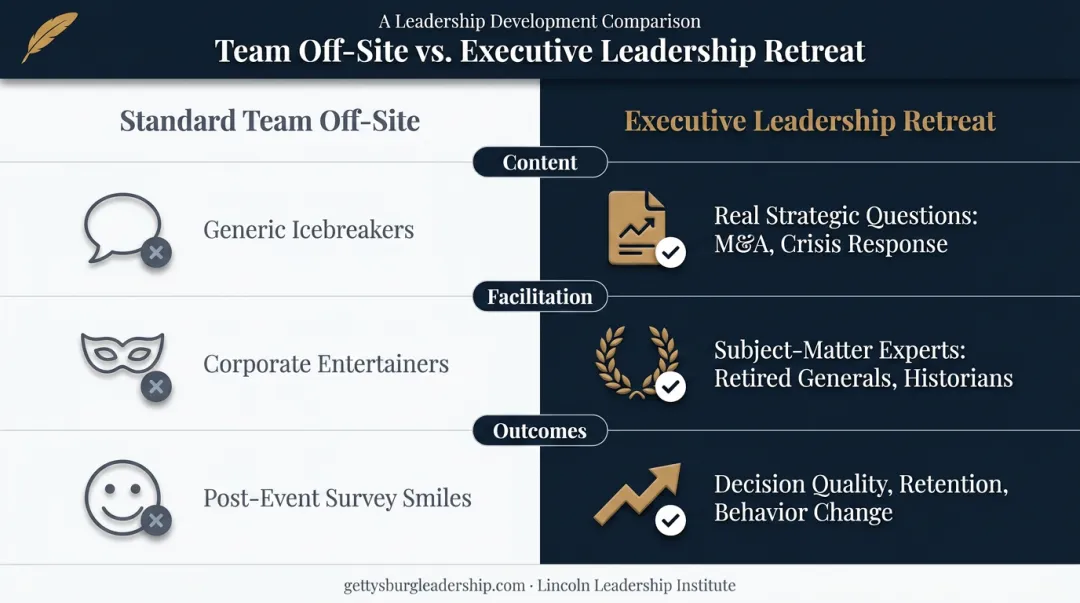 Standard team off-site versus executive leadership retreat key differences comparison