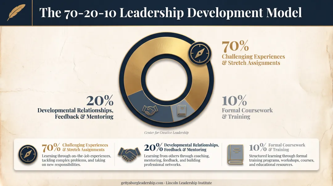 70-20-10 leadership development model showing experience mentoring and training split