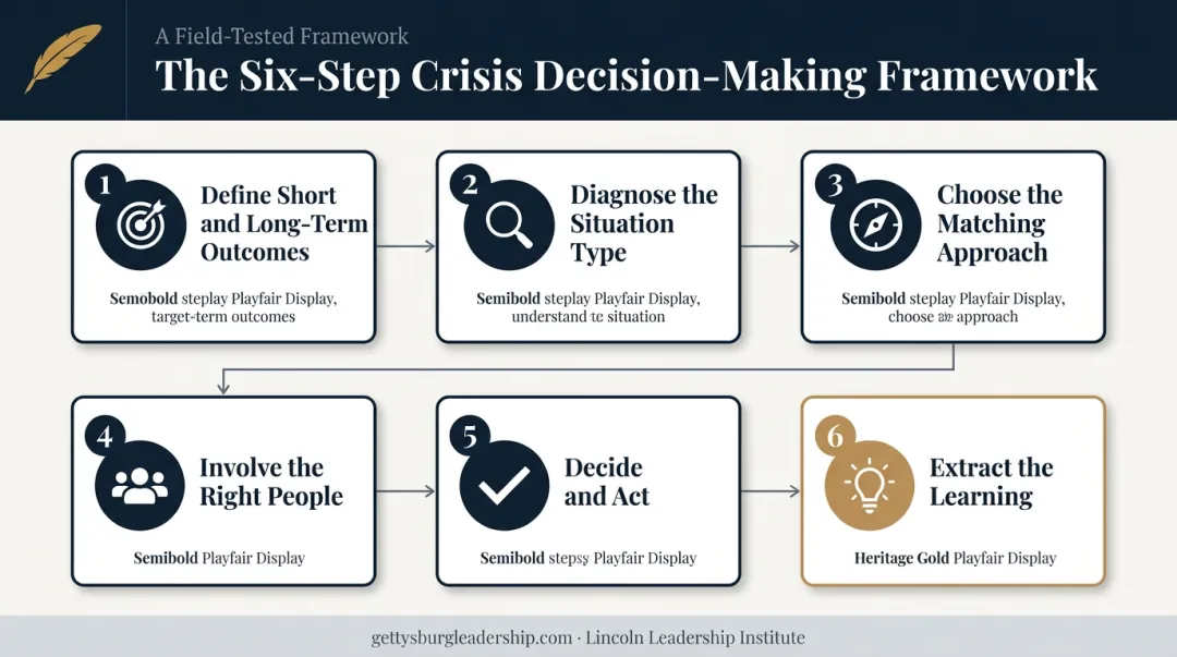 6-step crisis decision-making process from defining outcomes to extracting learning