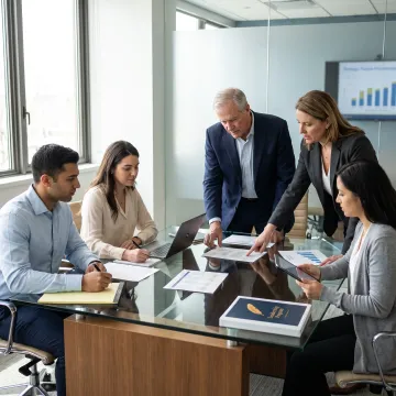 Pharmaceutical leaders collaborating in a strategy session