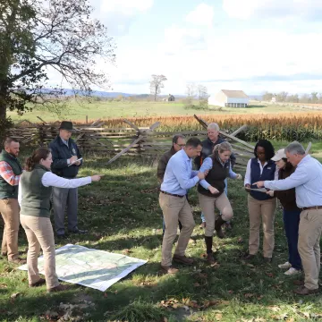Corporate team collaborating during an outdoor leadership activity