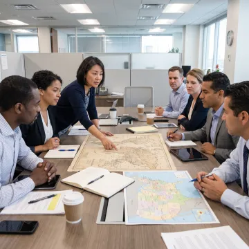 Leadership team collaborating during a facilitated strategy session