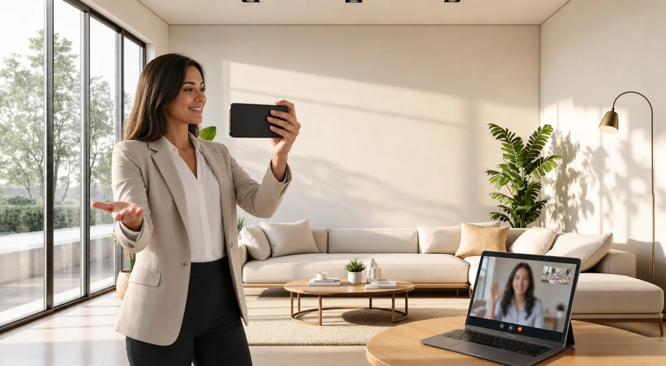 Real estate agent conducting virtual home tour on laptop for buyer