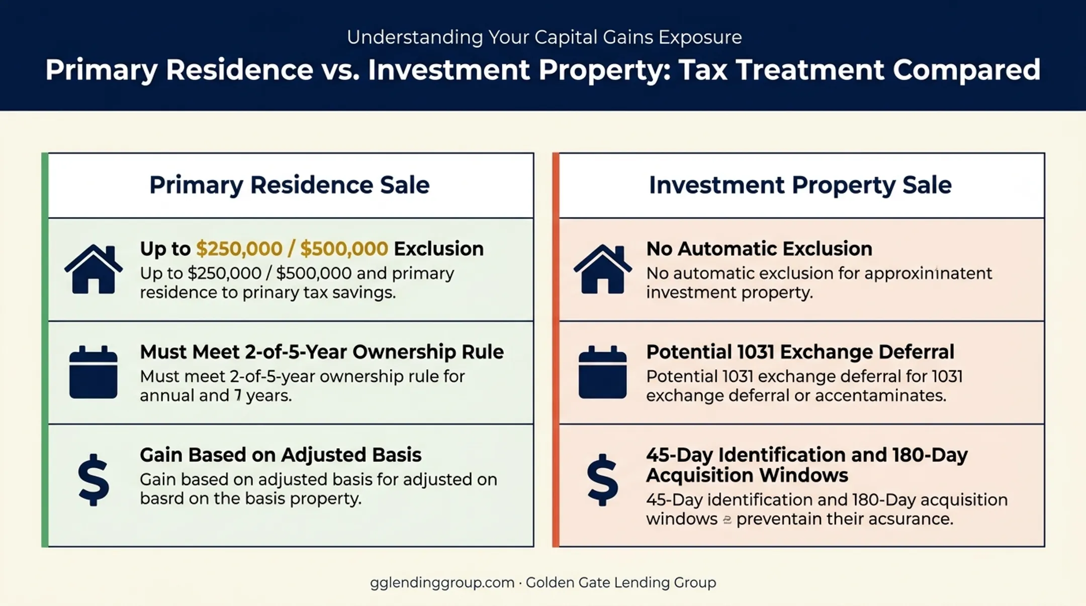 Capital gains tax treatment comparison for primary residence versus investment property