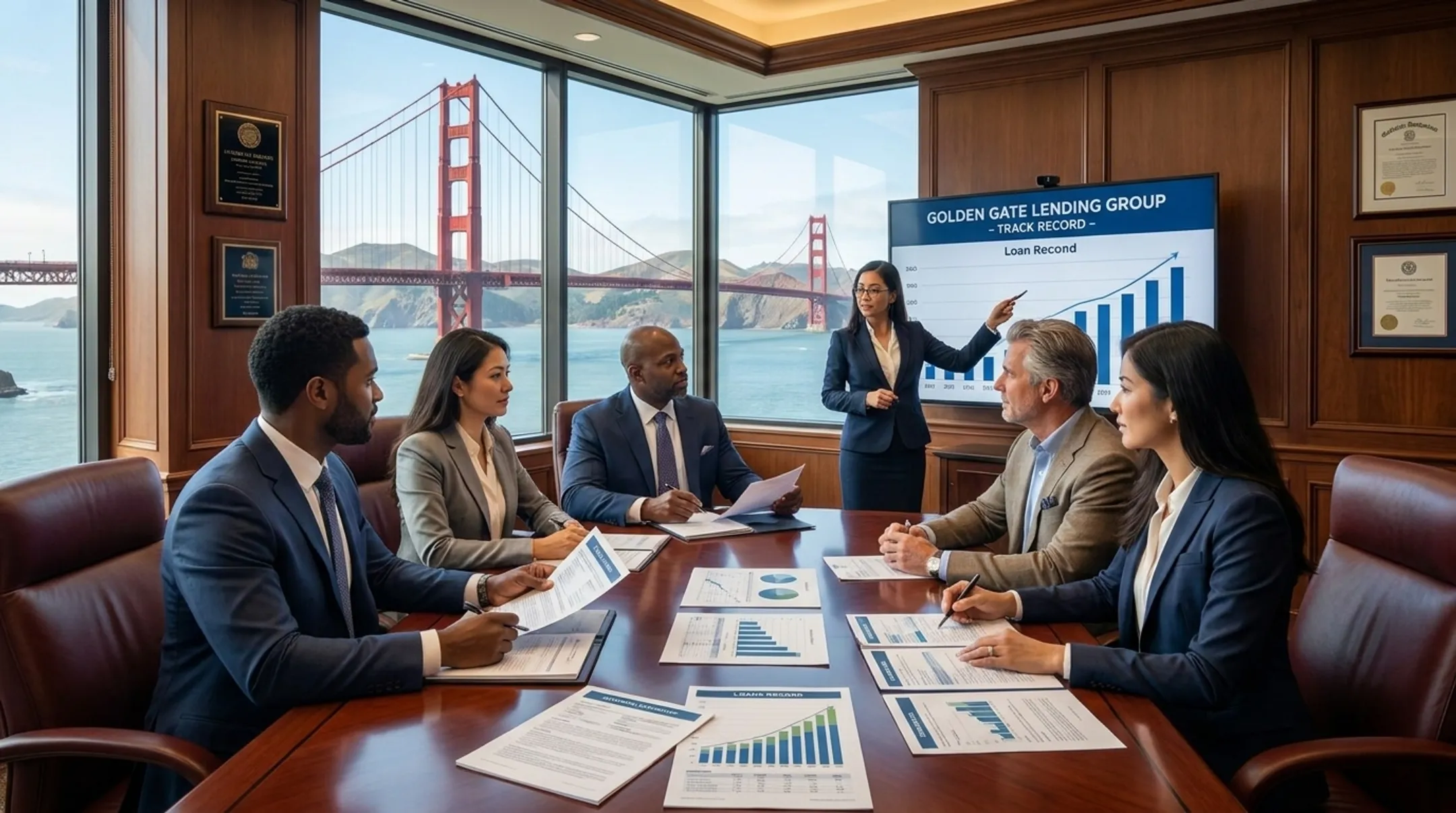 Golden Gate Lending Group team reviewing luxury home bridge loan documents
