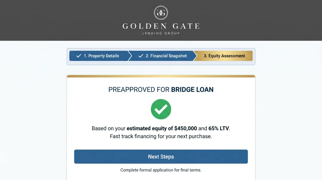 Bridge loan approval process dashboard showing fast equity-based financing
