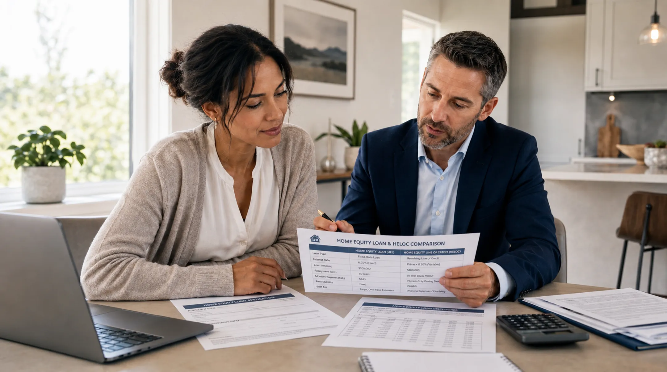 Homeowner reviewing home equity loan and HELOC paperwork with advisor