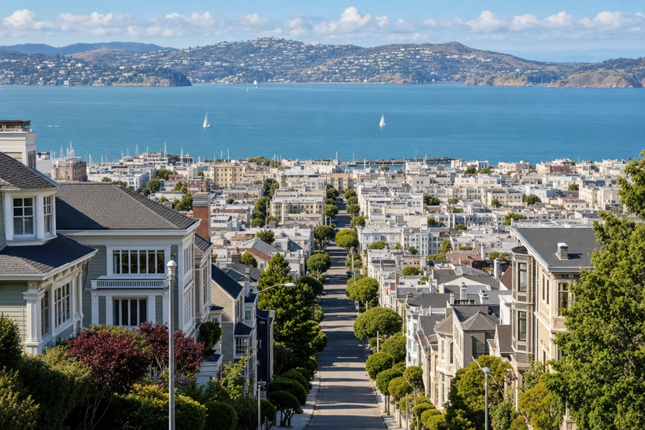 Upscale San Francisco residential neighborhood with Victorian homes and bay views