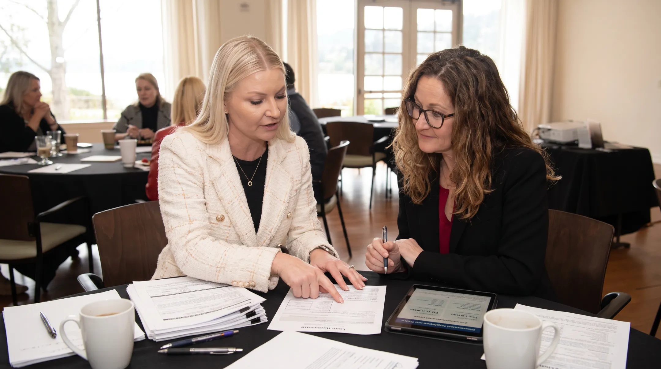 Homeowner reviewing bridge loan disclosure documents with lending advisor