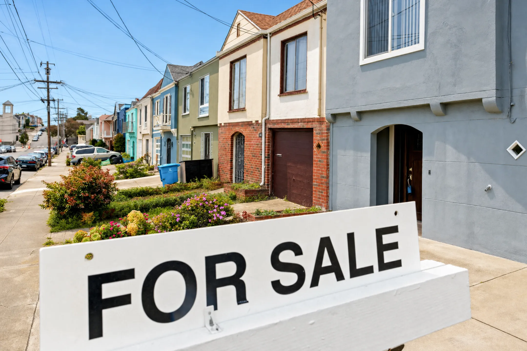 Bay Area residential neighborhood street with homes for sale signs