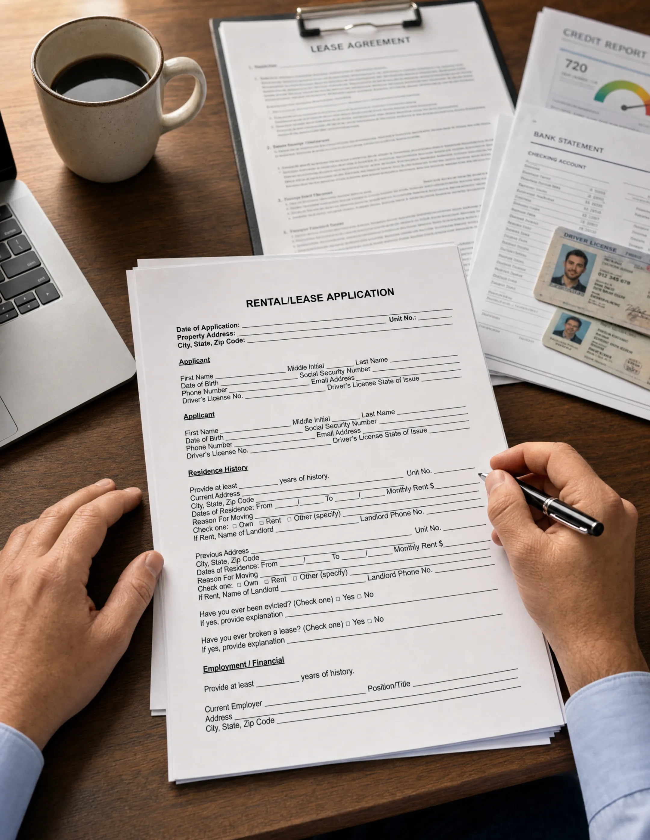 Landlord reviewing rental agreement and tenant screening documents