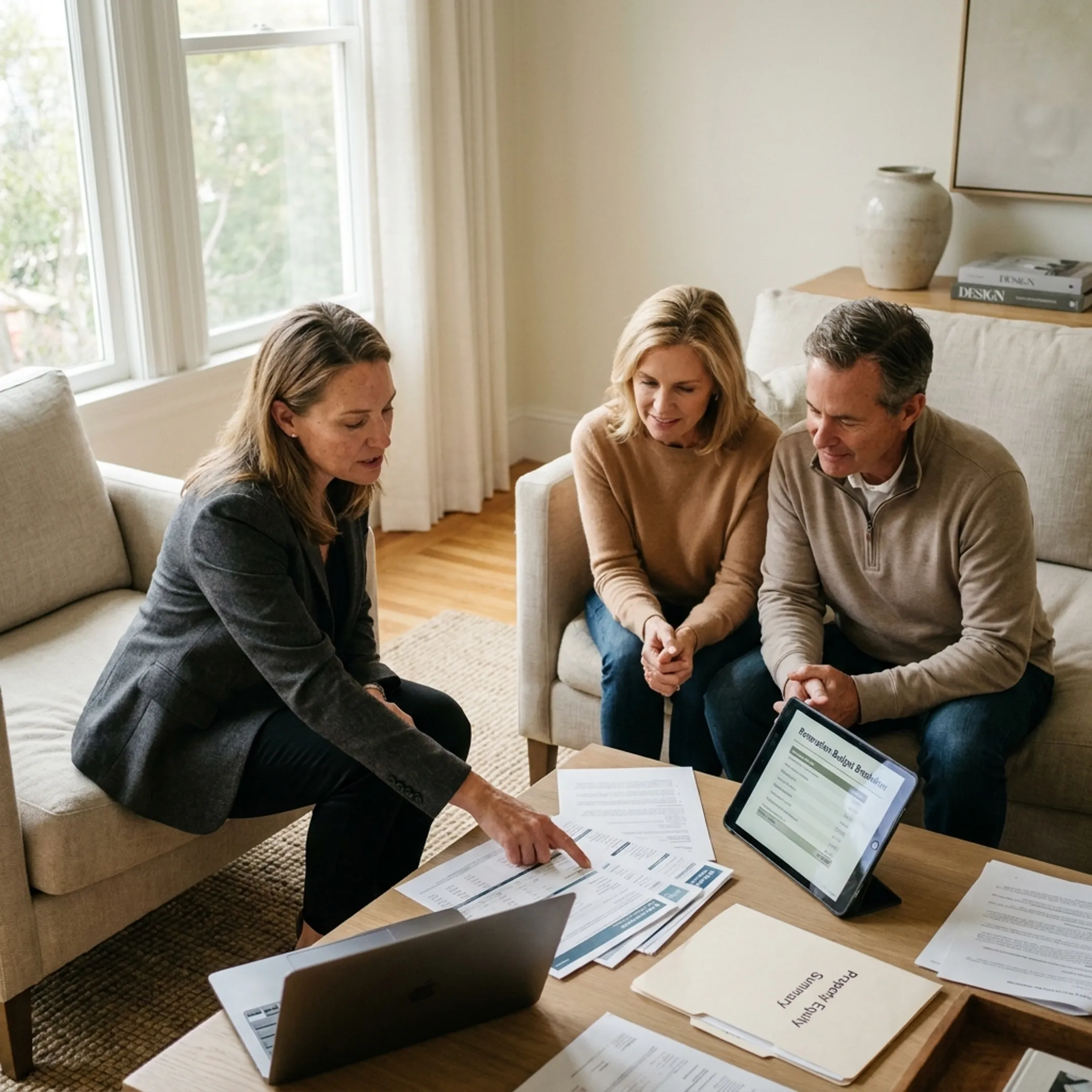 Advisor discussing renovation financing with homeowners