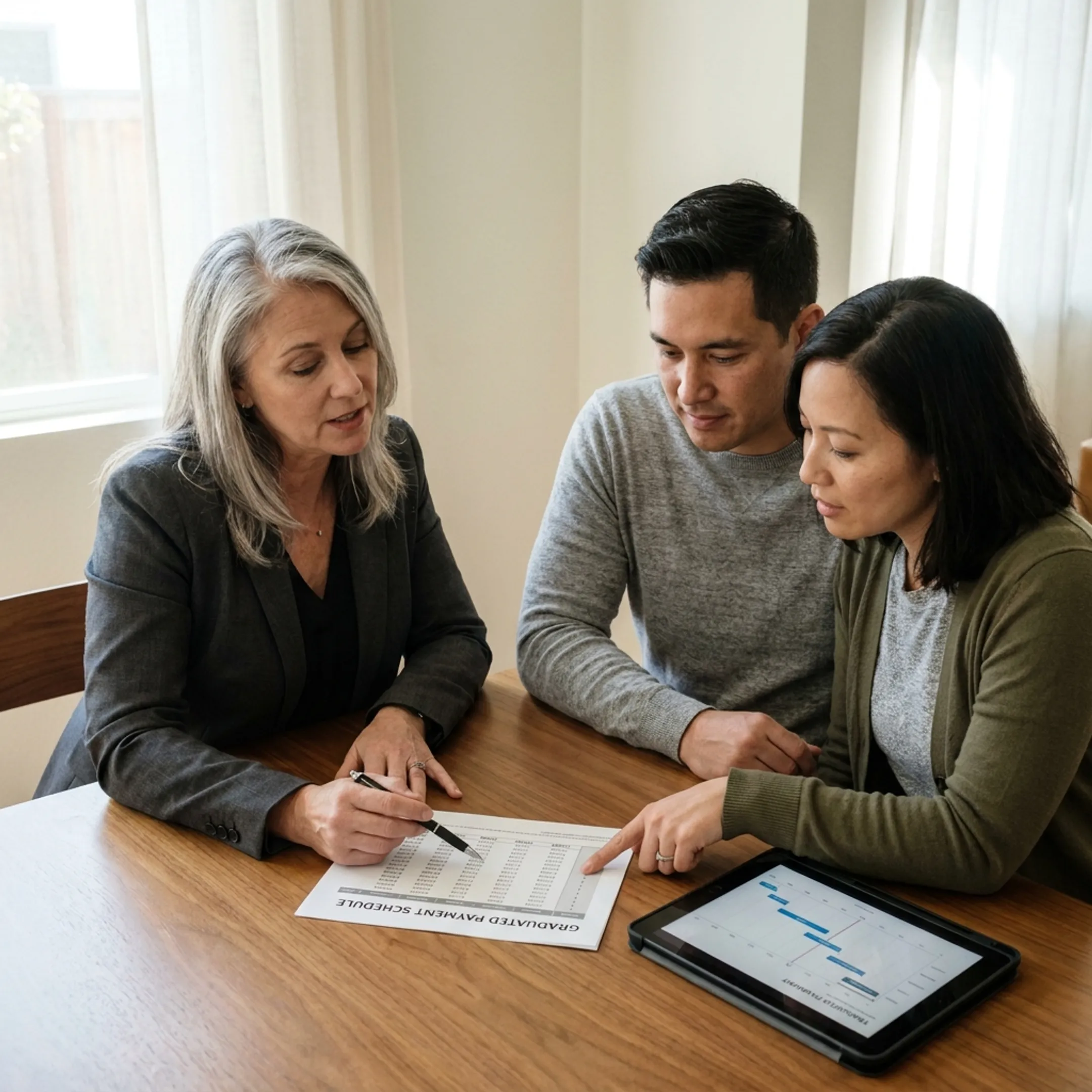 Advisor explaining mortgage payment buydown schedule